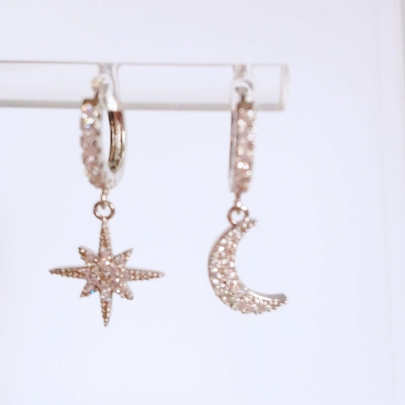 Cubic Zirconia Silver Star & Moon Earrings - Picture 3 of 3